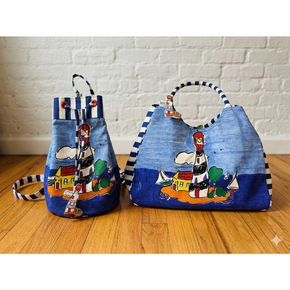 Rare Vintage Sally Huss Hand-Painted Lighthouse Coastal  Canvas beach Bag Set